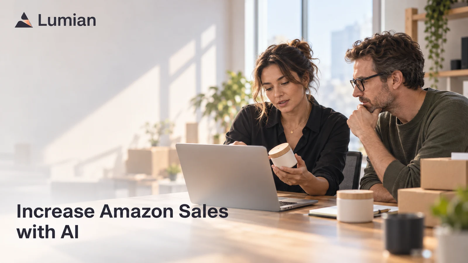 Increase Amazon Sales with AI: two operators review a product and laptop.